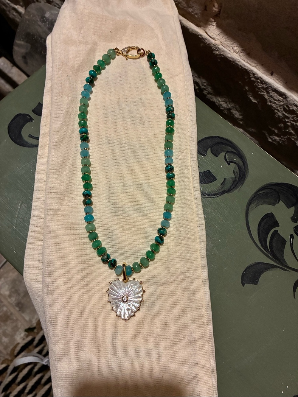 Thatch Malene Heart Charm on Green Beaded Necklace